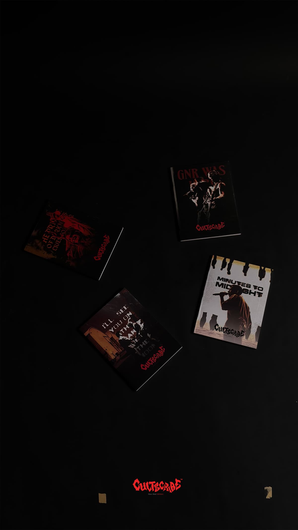 CultScribe poster spread — four iconic notebook covers arranged on a black background.