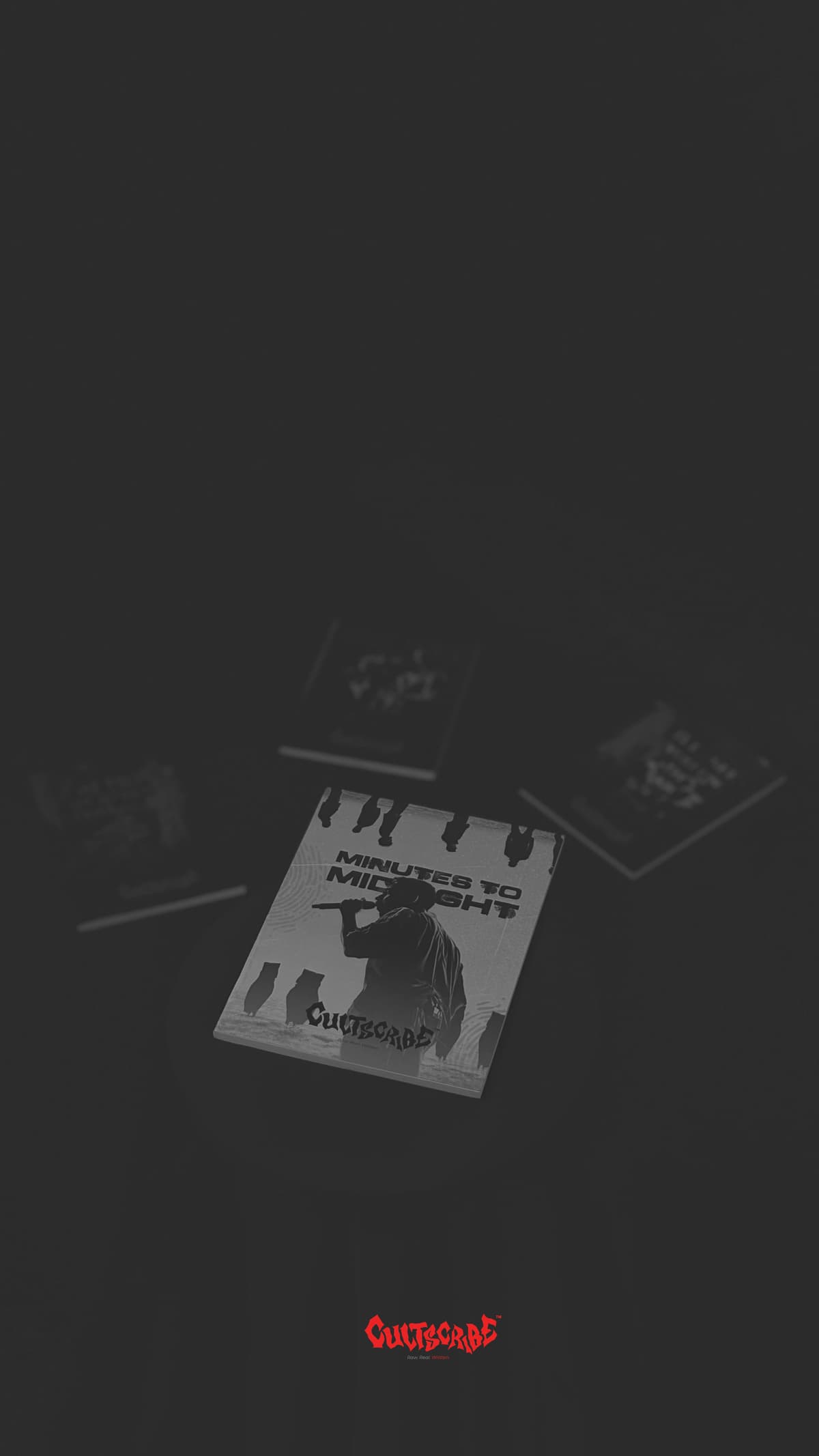 CultScribe product showcase — Minutes to Midnight notebook in focus with blurred titles behind.