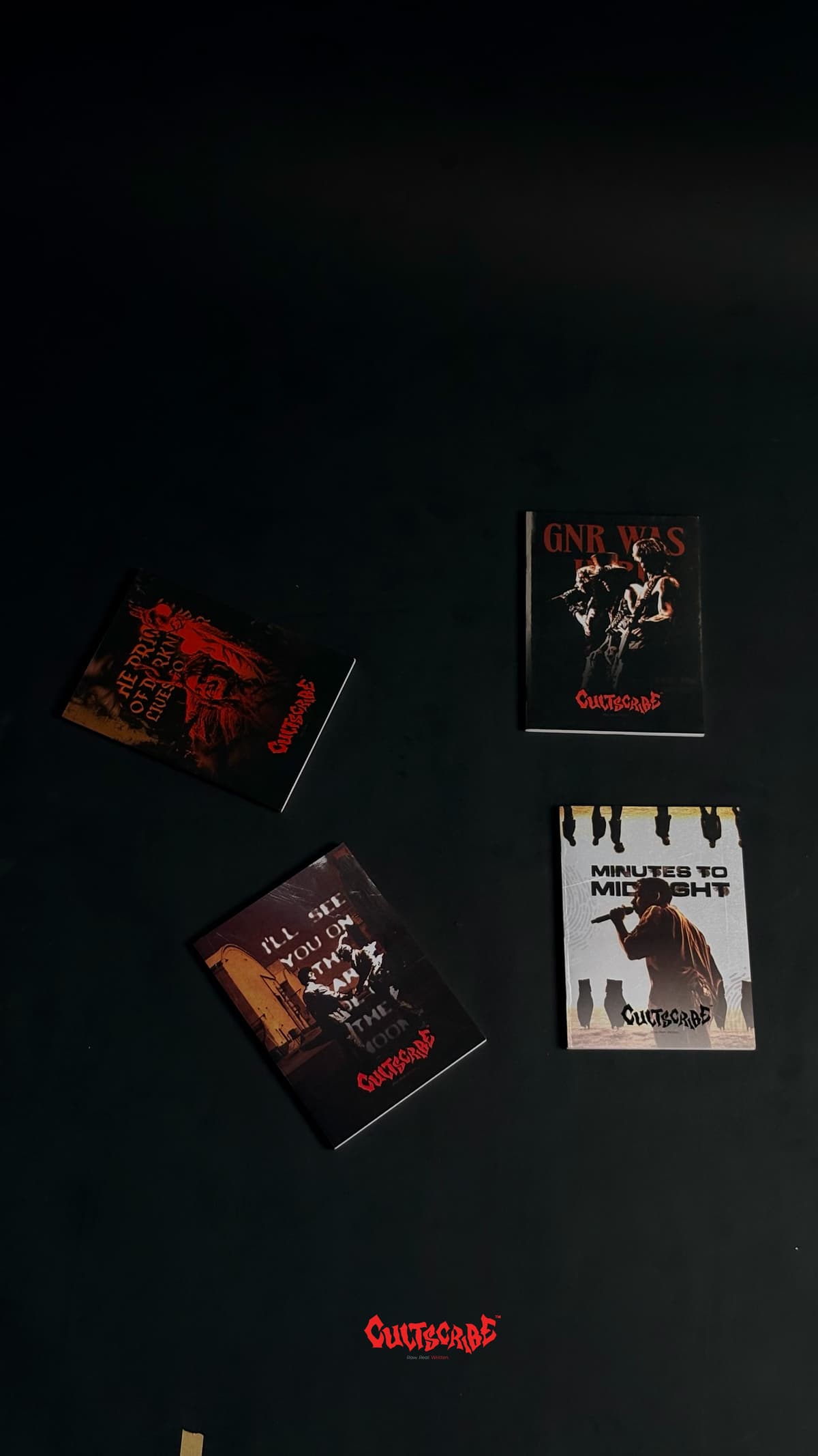 CultScribe poster collection — four notebook covers scattered on a black background.